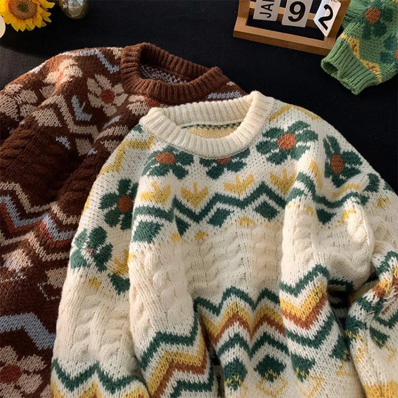 

Harajuku Thickened Jacquard Boho Floral Vintage Sweater Unisex Couples Oversized Knitted Pullover Y2K Tops Korean Winter Clothes