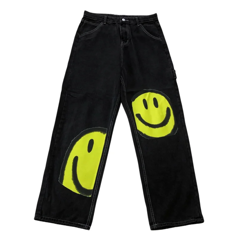 

Autumn Jeans Ins College Streetwear Vintage Cartoon Smiley Print Denim Trousers Women's Men Casual Loose Straight Wide Leg Pants