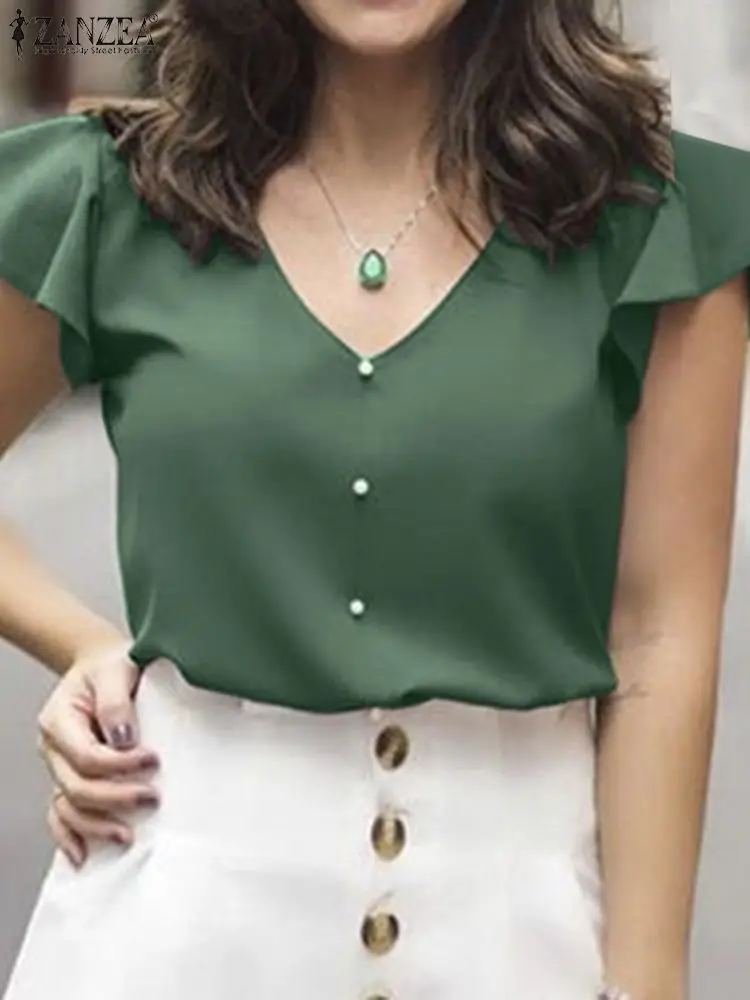 

ZANZEA Elegant Blouse Fashion Flare Sleeved Summer Tops Solid Color V Neck Office Work Shirts Causal Tunic Tops Blusas Chemise