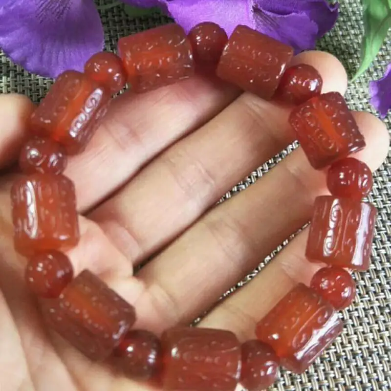 

Natural Red Agate Bracelet Hand-carved Exquisite Pattern Jade Barrel Bead Elastic Beaded Bracelets Bangle Men Women Lucky Amulet