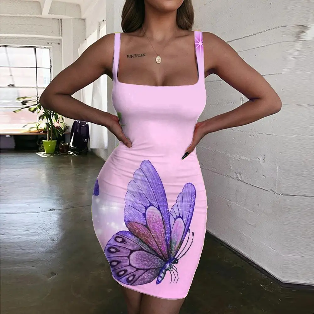 

SOMEPET Butterfly Dress Women Flower 3d Print Funny Vestido Sexy Psychedelic Halter Sleeveless Womens Clothing Plus Size Short