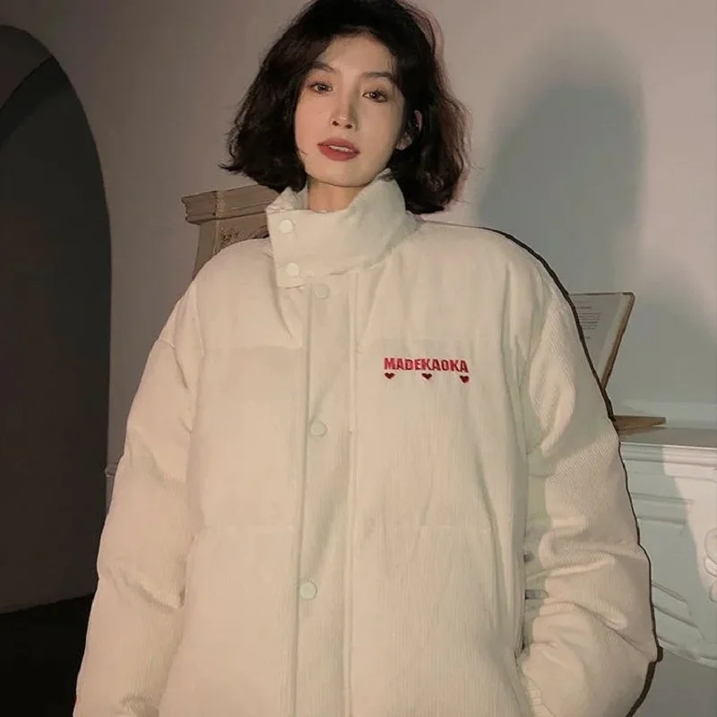 

Down Cotton Jacket Women Autumn Winter 2023 Peach Heart Embroidery Corduroy Thick Cotton Coat Fashion Casual Loose Parkas Womens