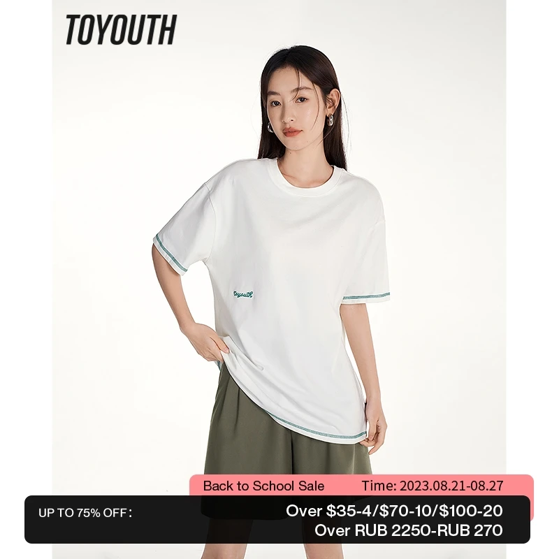 

Toyouth Women T-shirt 2023 Summer Short Sleeve Round Neck Loose Tees Letter Embroidery Contrasting Lines Dropped Shoulder Tops