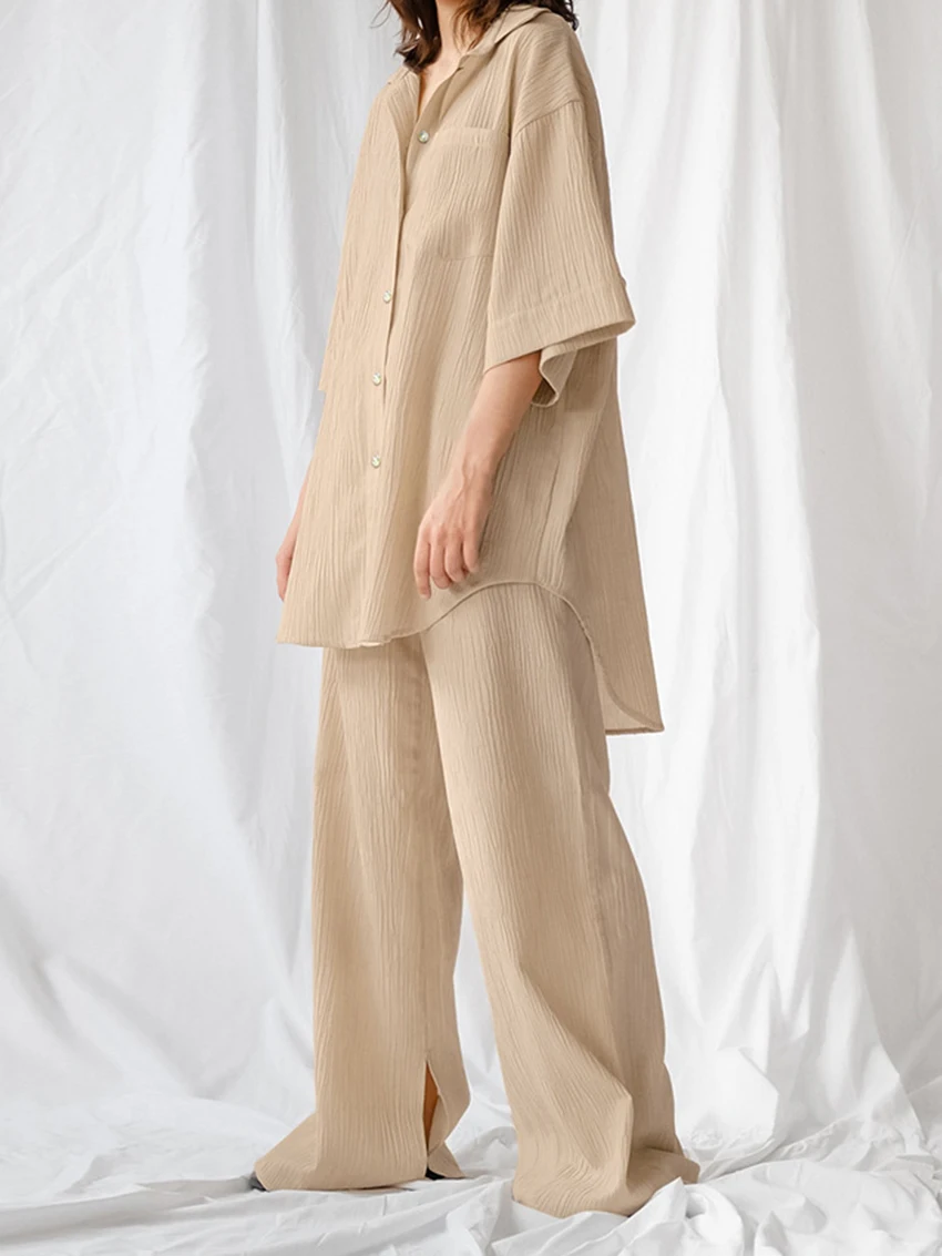 Marthaqiqi Solid Short Sleeve Women Sleepwear Turn-Down Collar Nightgowns Elastic Waistline Loose Trousers Suits 2 Piece Pajama'