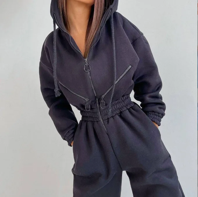 Women Elegant Jumpsuit Hoodies Zipper One Piece Outfit Fleece Lined Winter Long Sleeve Overalls Casual Rompers Tracksuits Black