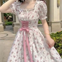 summer elegant floral dress women lace up korean princess fairy sweet midi dress bandage chic designer puff sleeve casual dress