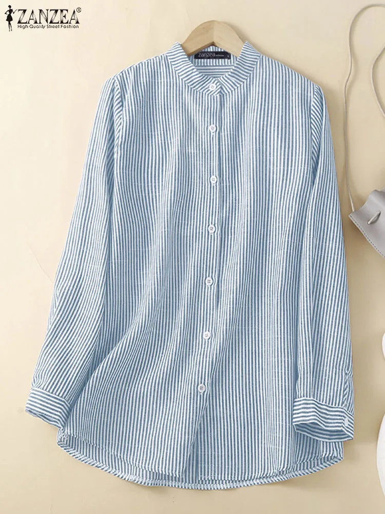 

2023 ZANZEA Femme Long Sleeve Stand Collar Shirt Women Spring Stripe Printed Blouse Work OL Tops Fashion Casual Elegant Chemise