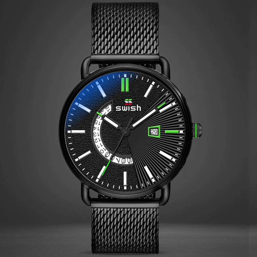

Quartz Watch for Men Black Wristwatch Special Design Date Classic Mesh Strap Business Thin Clock Waterproof Sports Relogio
