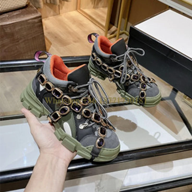 

Gem Chain Color-Mix Thick Bottom Heightening Sneakers Women's Shoes Front Tie 2022 Rhinestone All-Match Casual Trendy Shoes