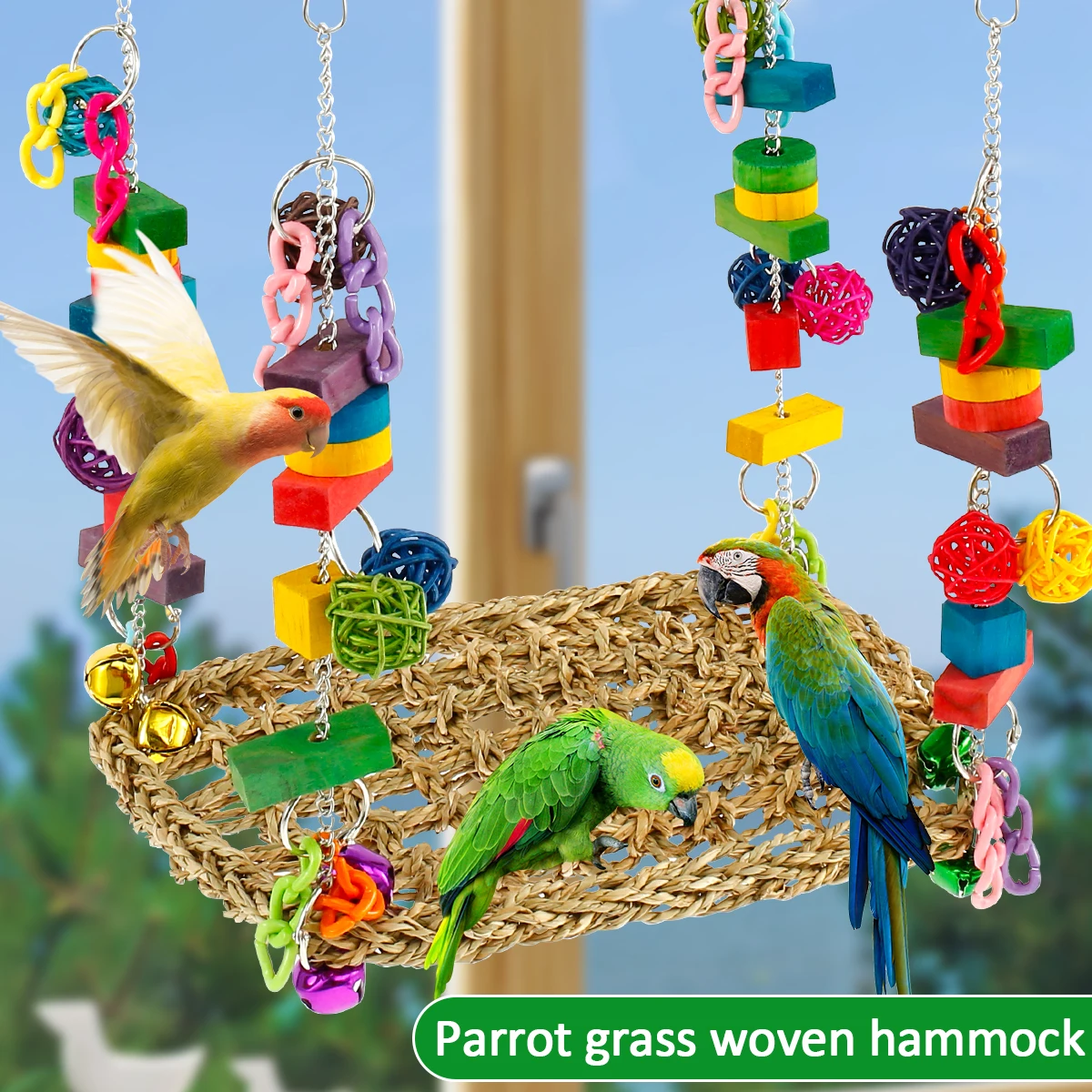 

Hanging Bird Foraging Toy Seagrass Woven Bird Hammock Swing Mat with Colorful Wooden Blocks and Beads Bird Climbing Hammock