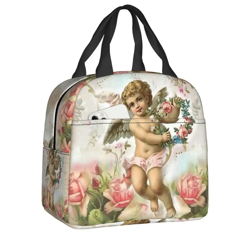 

Винтажная розовая изолированная сумка для ланча в викторианском стиле с ангелом для пикника, Термосумка для пикника, Женская Термосумка-тоут