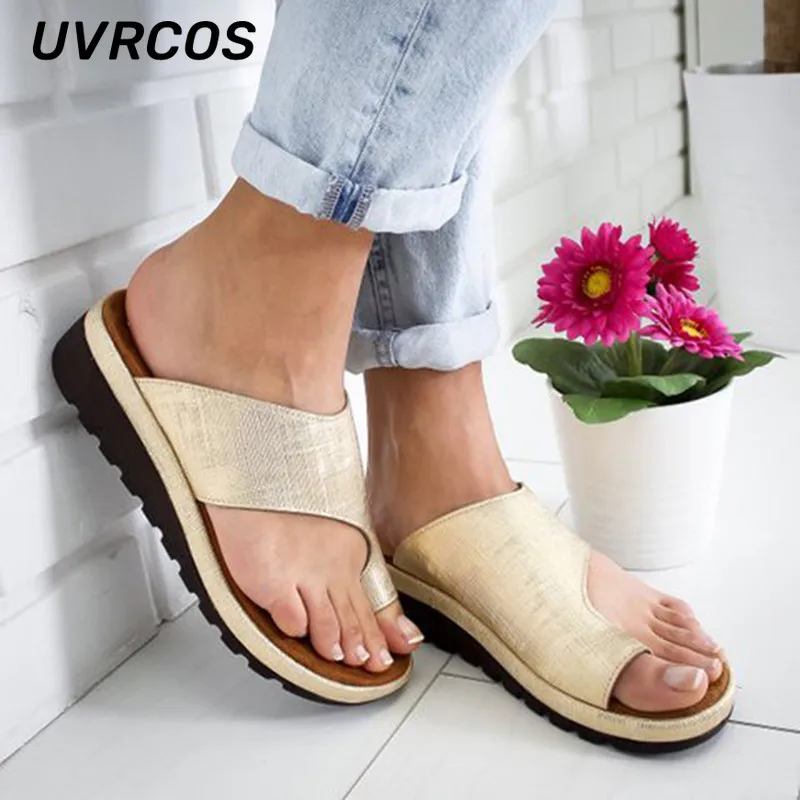 

Women Sandal PU Leather Shoe Comfortable Thick Sole Flat Casual Soft Soled Foot Correction SandalsSummer Solid Color