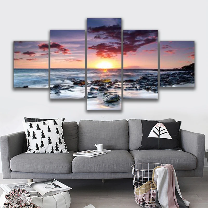 

No Framed 5 Pieces Abstract Setting Sun and The Sea Painting on Canvas Prints Seascape Decorative Pictures Home Decor Wall Art