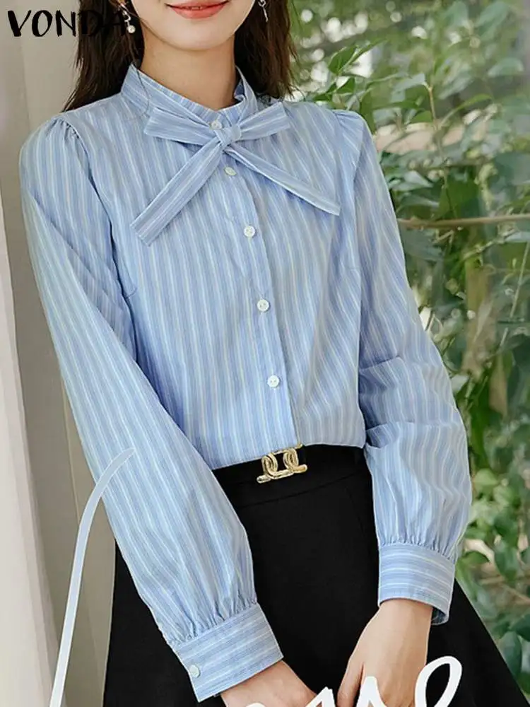 

Autumn Long Sleeve Blouse Women Striped Shirts 2023 Fashion Tops Tunic VONDA Casual Loose Buttons Bow Tie Vintage Blusas Femme