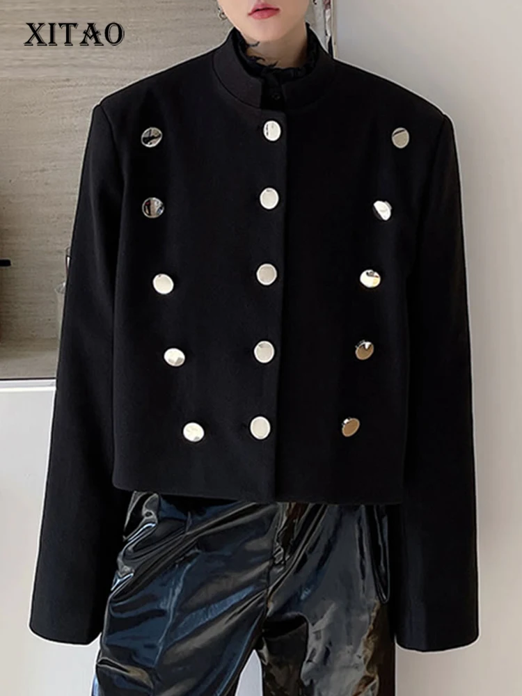 

XITAO Fashion Black Women Jackets Loose Simplicity Stand Collar New Street Trendy Triple Breasted Temperament Coat WMD4570