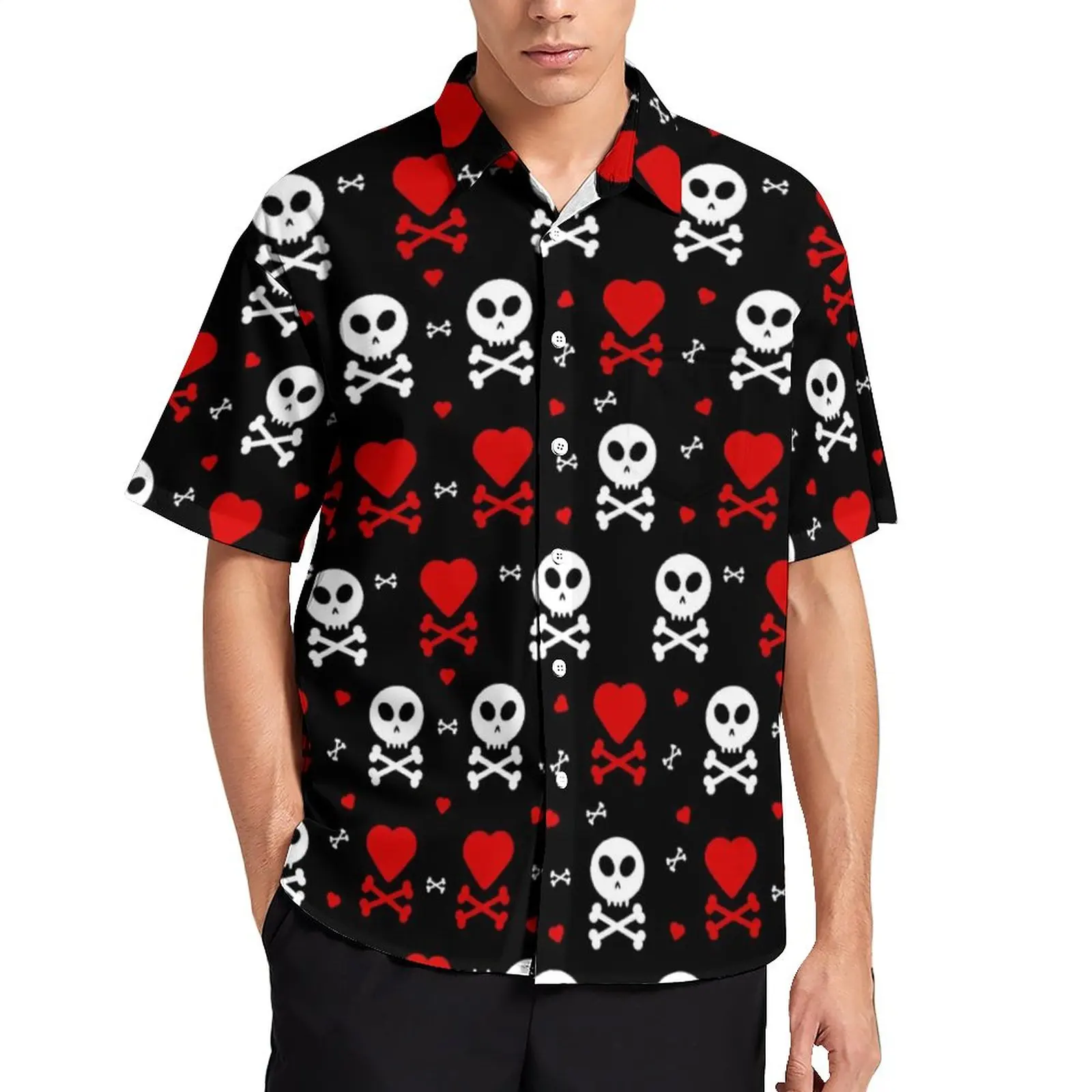 

Skull Hearts Shirt Men Funny Crossbones Casual Shirts Hawaiian Graphic Blouses Short Sleeve Vintage Oversize Gift Idea