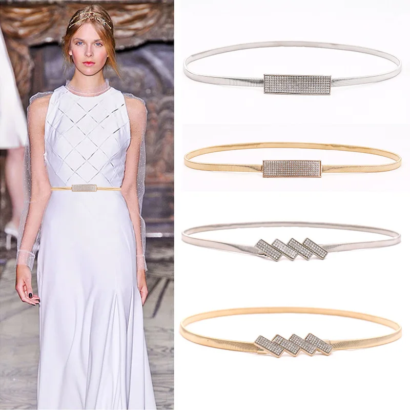 New Silver Gold Metal Belt Double Ring Imitate Rhinestone Lady Waist Belt Dress Suits Elastic Thin Slim Women Belts Waistband