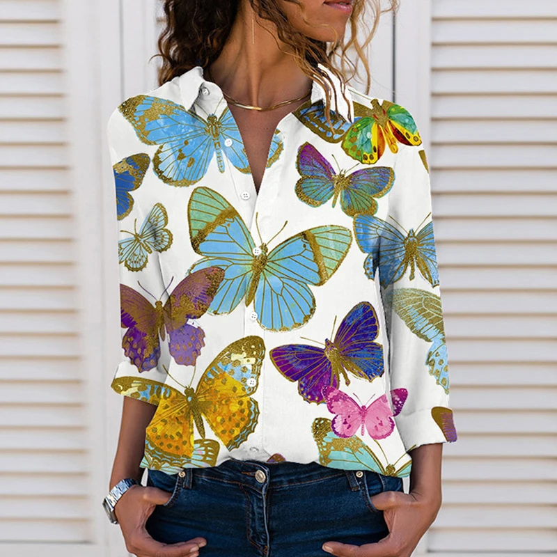 

New Autumn Women Harajuku Shirts Long Sleeve Lapel 3D Printed Butterfly Pattern Streewear Tops Female Casual Shirt Clothing
