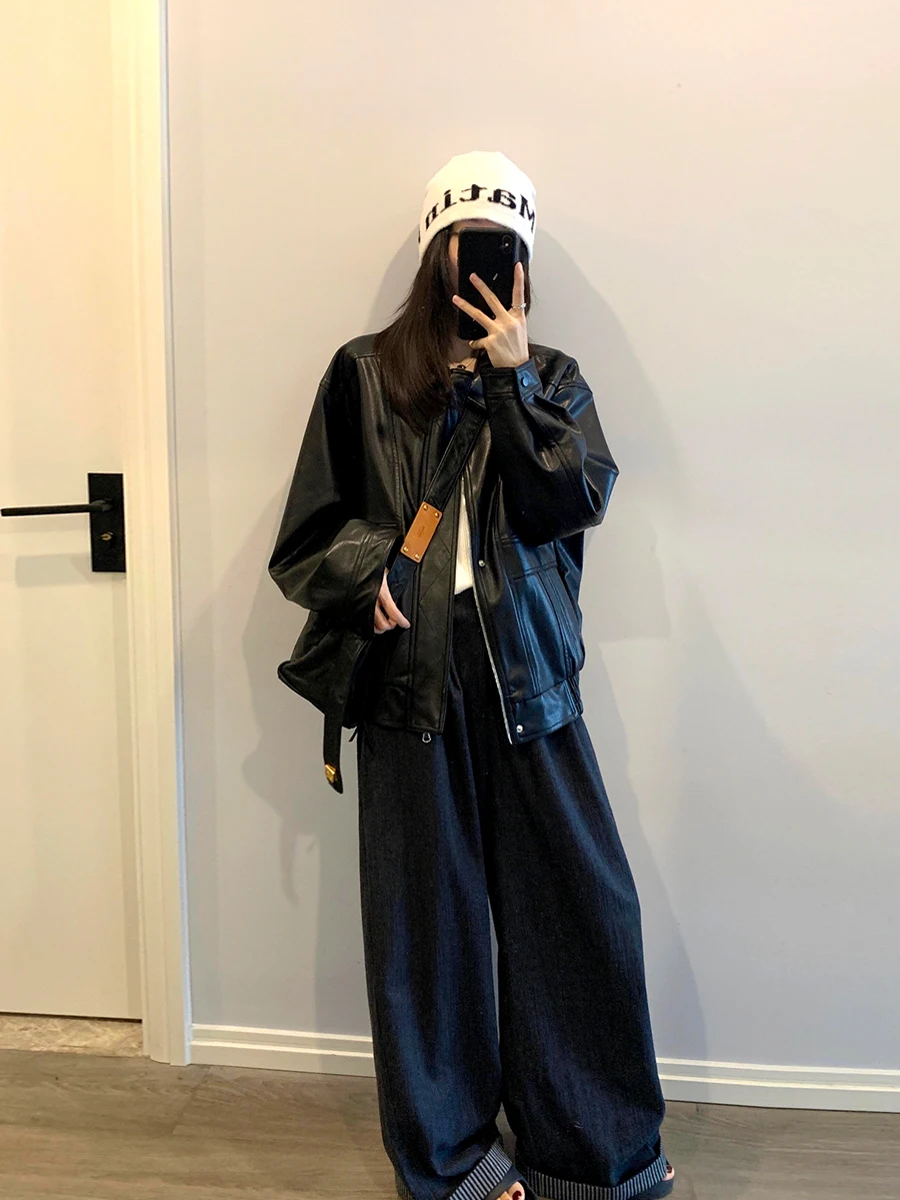 Американская осенняя мотоциклетная кожаная куртка в стиле ретро женская