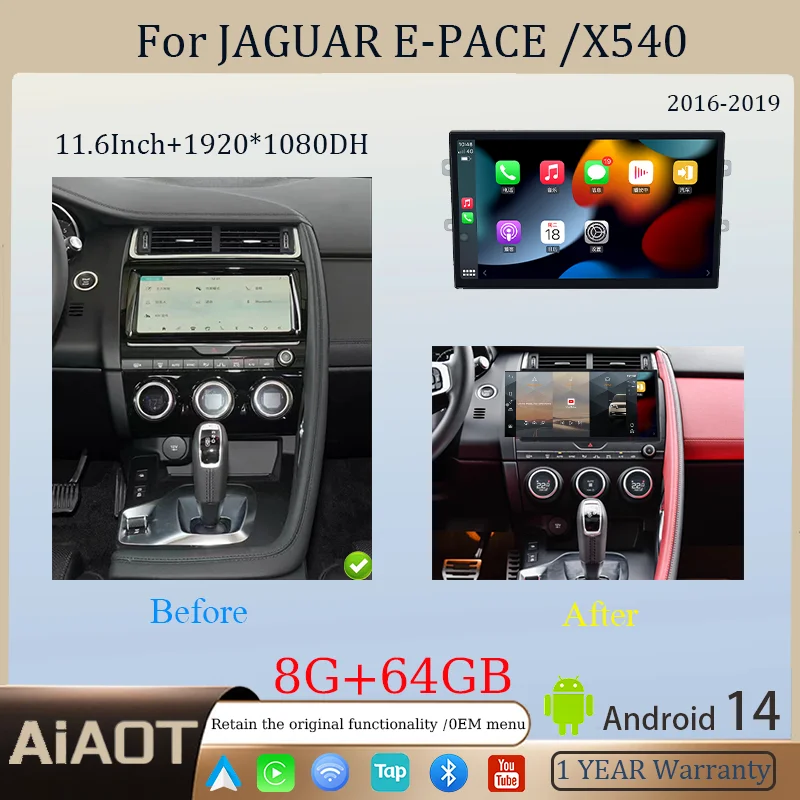 

11,6 "Android 14 для 2016-2019 JAGUAR E-PACE X540 GPS-радио Мультимедийный плеер Беспроводной Carplay Авто Оригинальный автомобильный OEM-меню 4GWifi