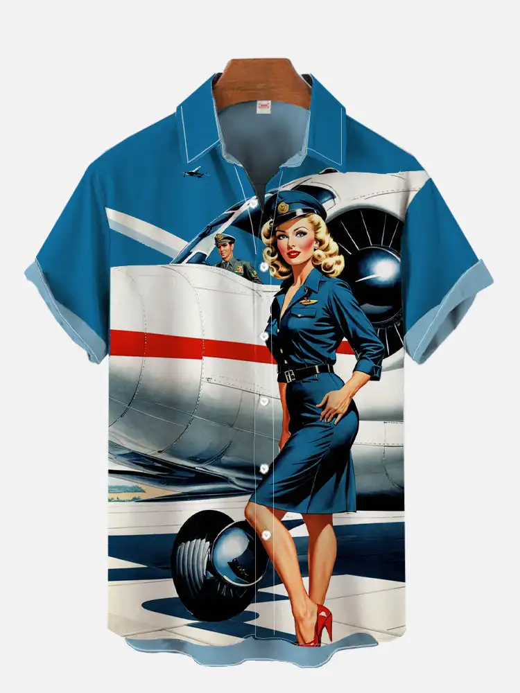 Фото 1970S-1980S Винтаж Pin Up Girl Плакат Гавайский Пляж Пастушка Печати Рубашка С Коротким Рукавом Модная Гавайская Рубашка Для Мужчин Hrajuku №1