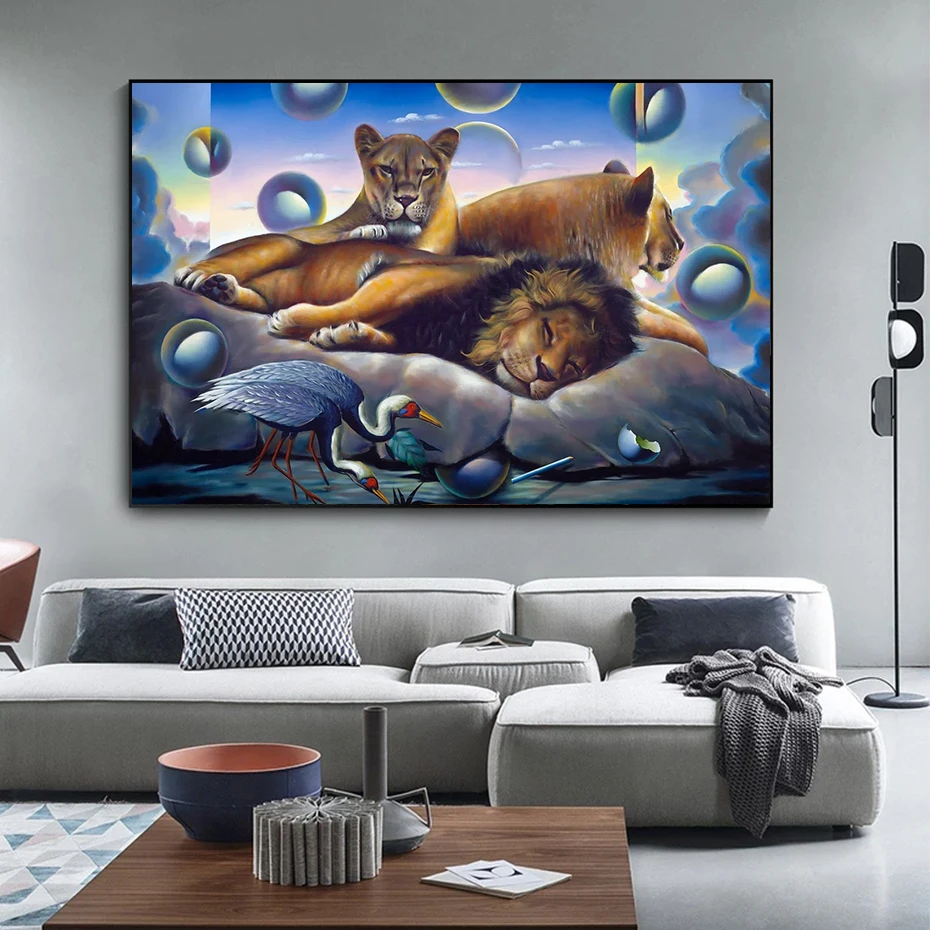

Animal Lion and Crane Color Painting Abstract Portrait Posters Blue Forest Natural Aesthetic Art Prints Artwork for Living Room