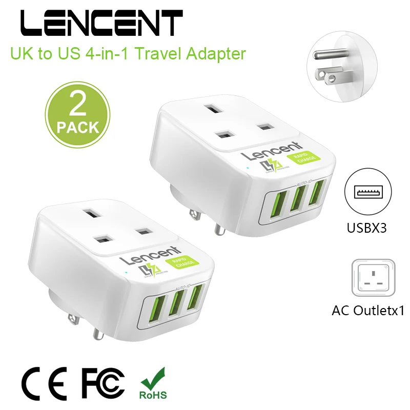 

Дорожный адаптер LENCENT, 2 упаковки, от Великобритании до США, с 1 розеткой переменного тока, 3 порта USB, зарядное устройство, адаптер 4-в-1, америка...