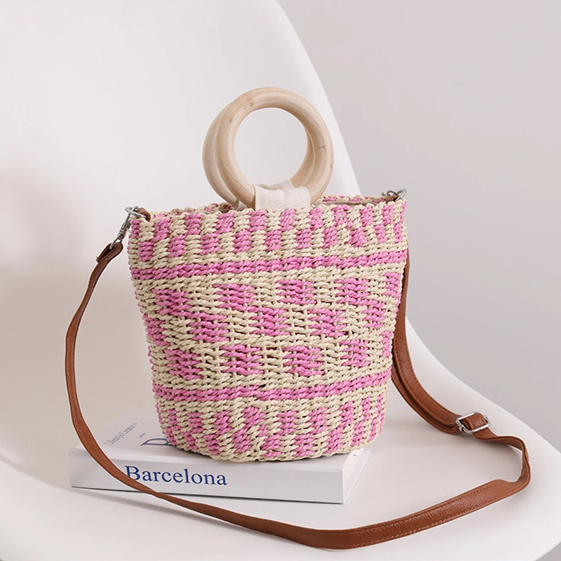 Summer Beach Bag Handmade Straw Rattan Woven Color Bump Tote Bags Wrapped Women Round Wood Top-handle Handbag Rattan Basketbag