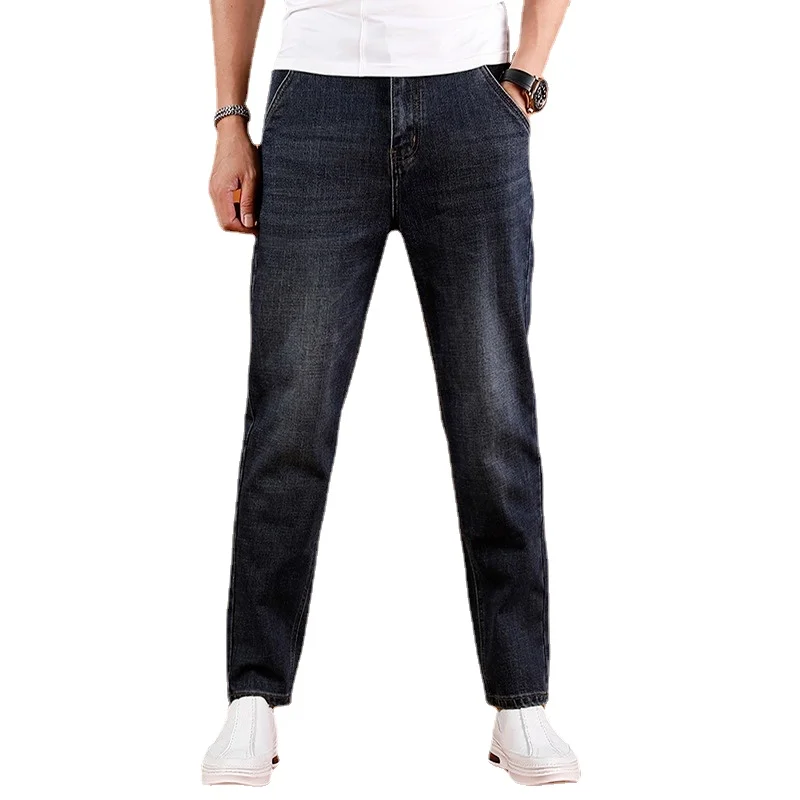 Summer Men Jeans Fashion Casual Dark Blue Regular Pencil Pants Cotton Solid Color Denim Trousers