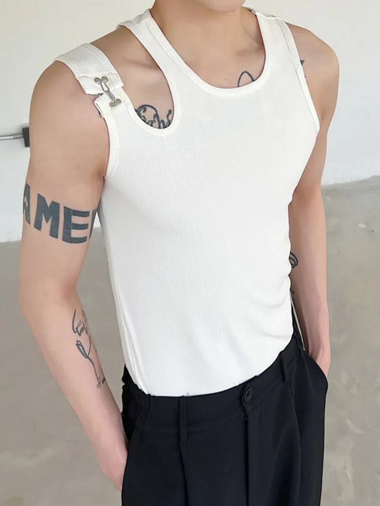 

SYUHGFA Men Clothing 2023 Summer Personalized Shoulder Strap Design Vest Slim Sleeveless Solid Color Tank Top For Male