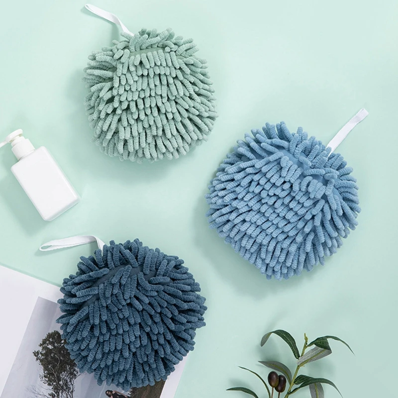 

Chenille Hand Towel Ball with Hanging Loop Kitchen Bathroom Microfiber Soft Thicken Super Absorbent Quick Dry Washcloth