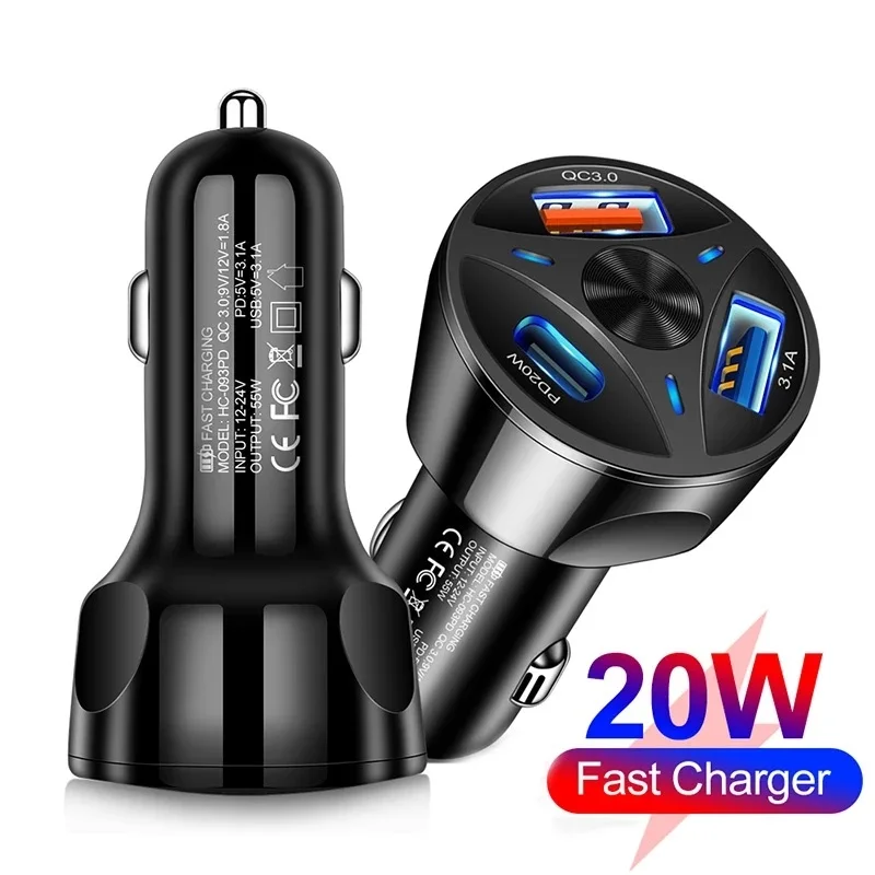

Автомобильное зарядное устройство с 3 USB-портами, 20 Вт, USB Type-c