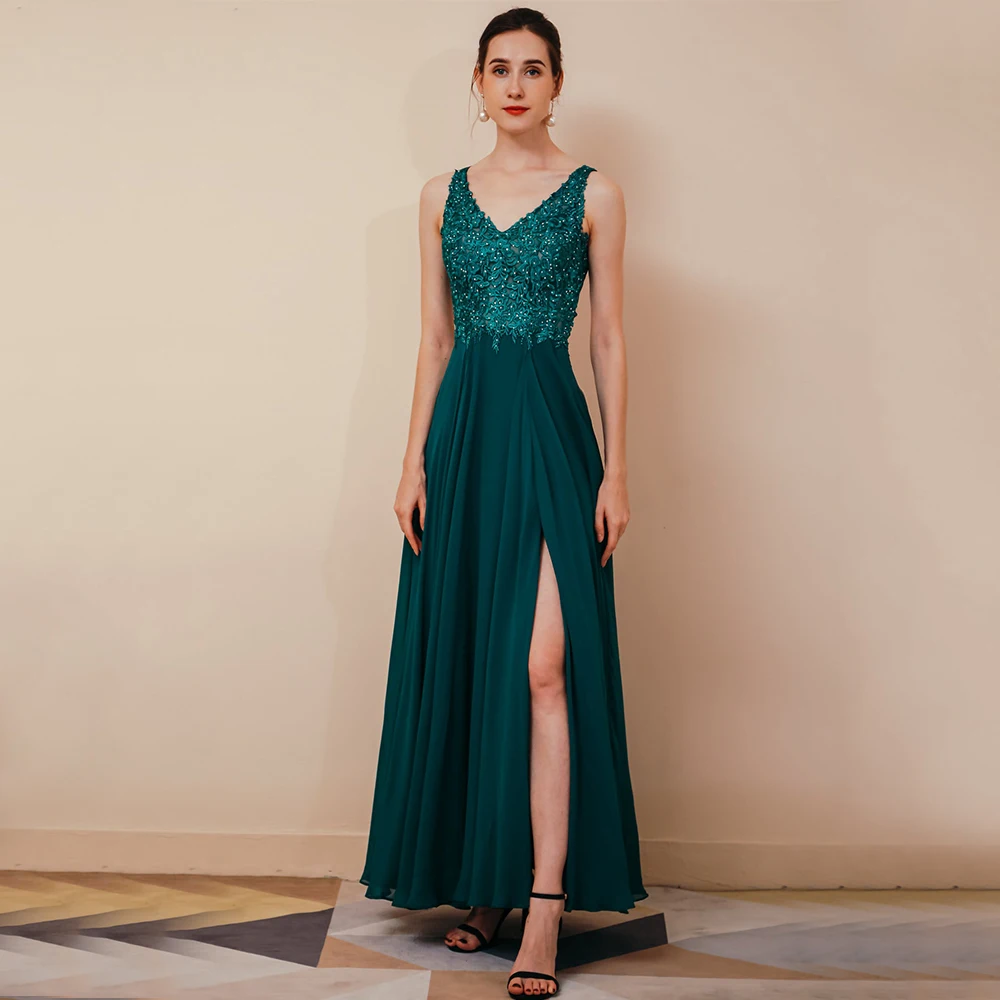 

Weilinsha Green V-Neck Slit Chiffon Evening Dress Classic A-Line Sleeveless Floor Length Prom Gowns Beaning Backless Party Dress