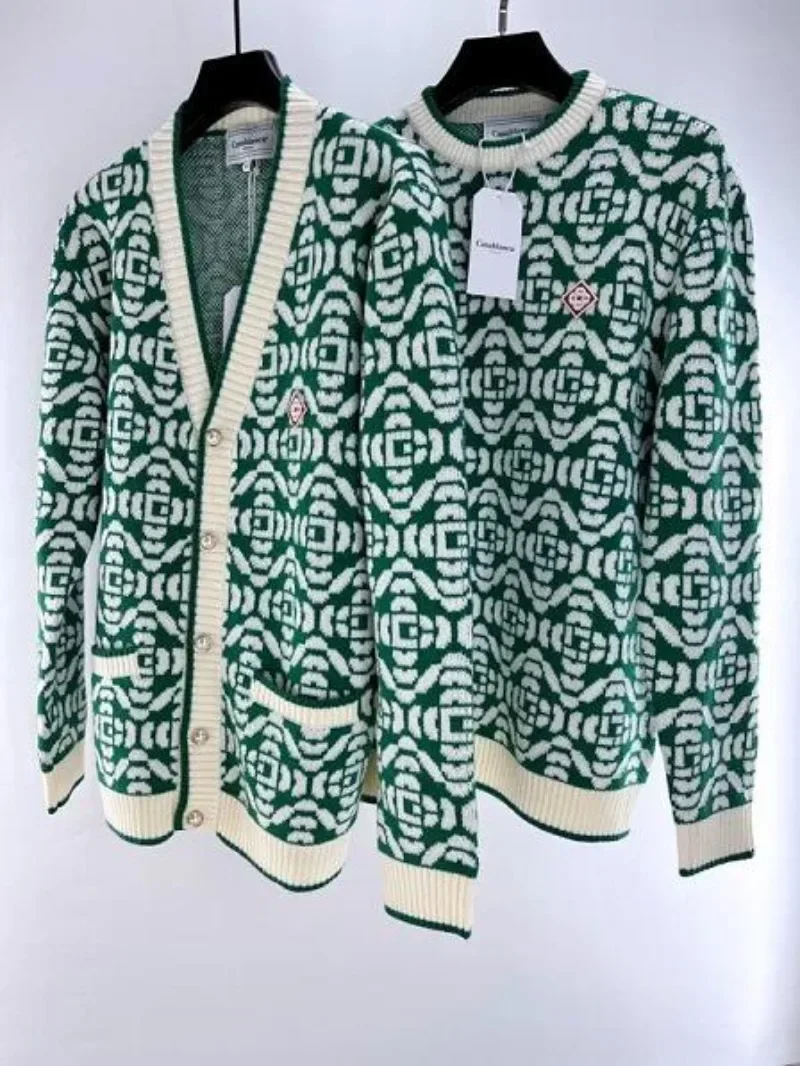 

Зеленый жаккардовый свитер с V-образным вырезом для мужчин и женщин, толстовки из плотной ткани для спортзала