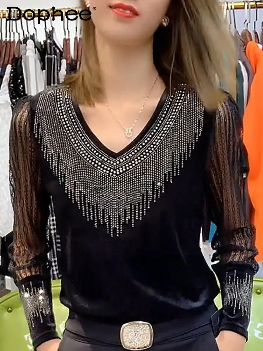 

Женская футболка со стразами, с V-образным вырезом и длинным рукавом