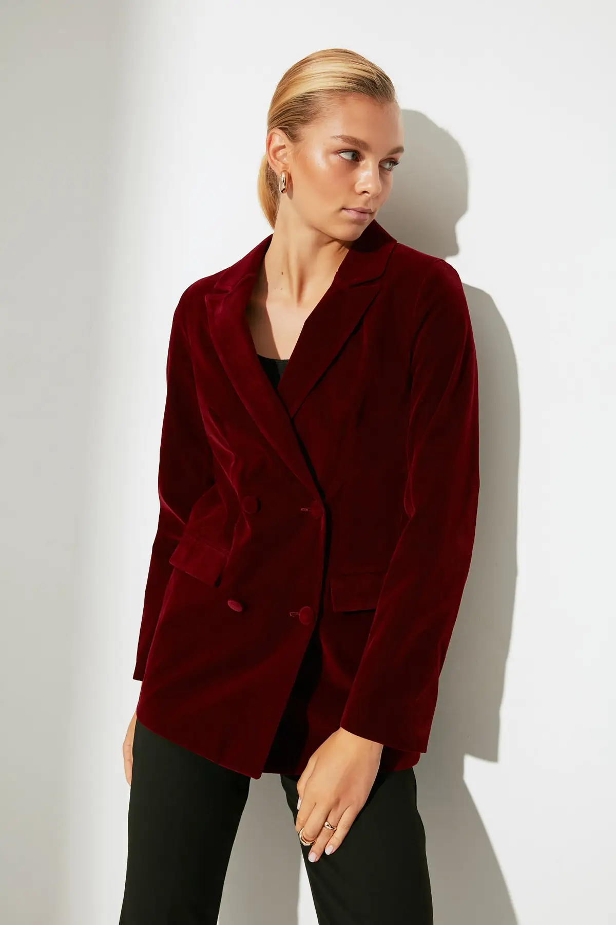 

Burgundy Button Detail Blazer Women Jacket 2021 Core Vibe Bestseller Woven Fabric Trend Long-Sleeve Butter Aerogel Vero Goose Cloak