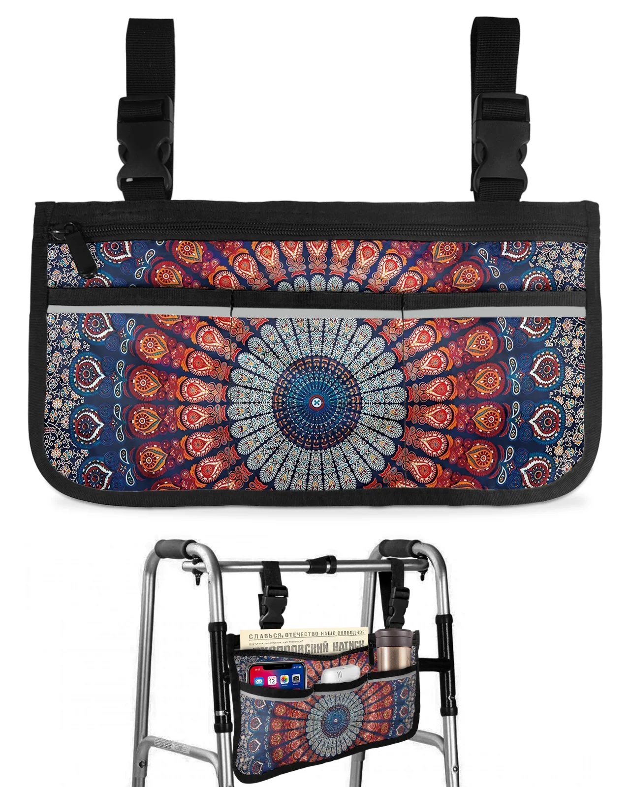 

Mandala Pattern Wheelchair Bag With Pockets Reflective Strips Armrest Side Bags Electric Scooter Walking Frame Storage Pouch