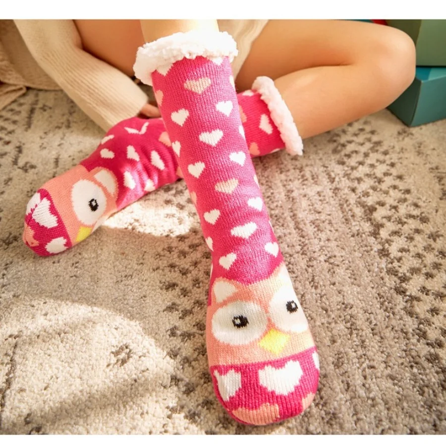 Kawaii Short Socks Winter Women Plush Anti-slip Fuzzy Soft Cartoon Owl Heart Female Sleeping Floor Slippers Sock Designer 2023
