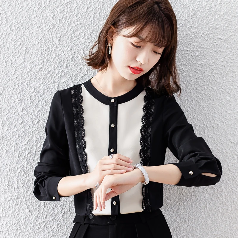 

Splicing Women's Blouse Chiffon O-neck Shirt Spring Summer Casual Lace Long Sleeve Top Clothing