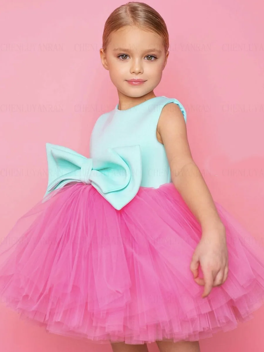 

Puffy Mini Flower Girl Dress A-Line Big Bow Girls Princess Wedding Party Dress O-Neck High Quality First Communion Gown Dress