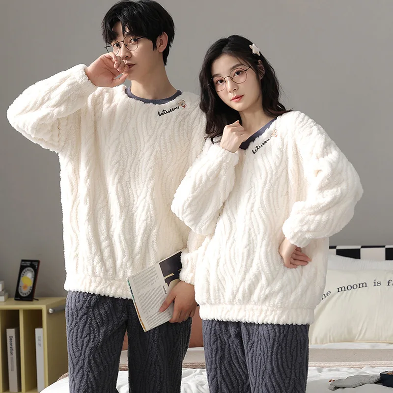 Yasuk Winter Fashion Women's Men Casual Warm Soft Stripe Pullover Sleepwear Pajamas With Pants Velvet Fleecel Couple Unisex Bear