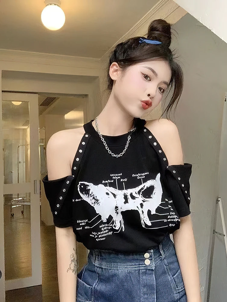 Женская блузка с открытыми плечами и коротким рукавом свободного покроя