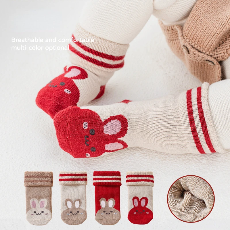 

Baby Terry Socks Newborn Toddler Cute Cartoon Rabbit Thicken Children Warm Cotton Stripe Plain Mid Tube Sock Clothes Accessories