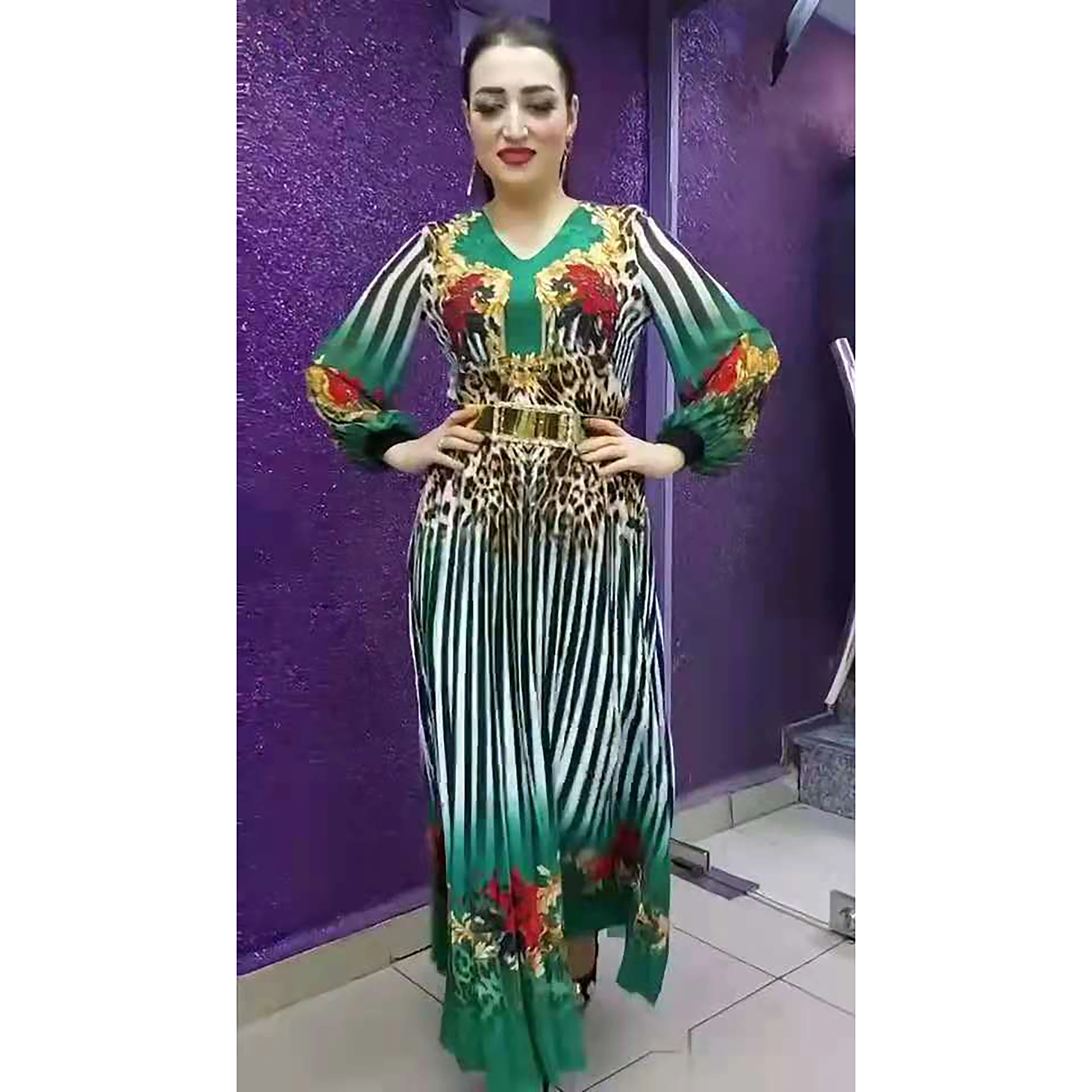 платье женское мусульманские платья Лидер продаж, платье в полоску с широким подолом и цветочным принтом, марокканский кафтан, платье с лео...