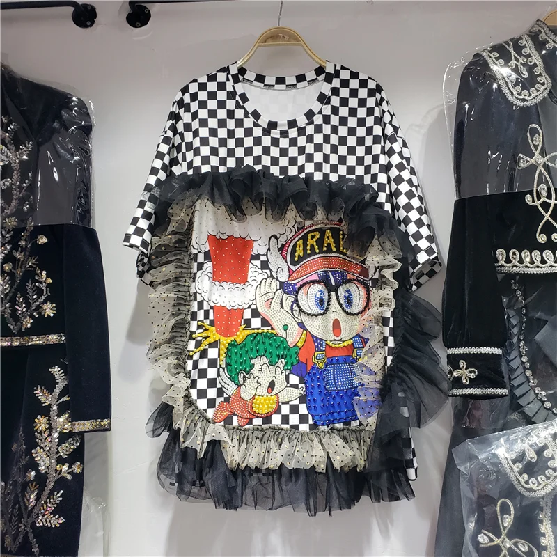 

Diamond Cartoon Printing Women Short Sleeve T-shirt 2022 New Summer All-match Loose Pullover Top Streetwear Mesh Plaid Tees