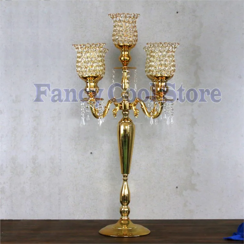 

90cm Tall 5-arms gold candelabras with crystal pendals,Table candelabrum candle holder wedding centerpiece