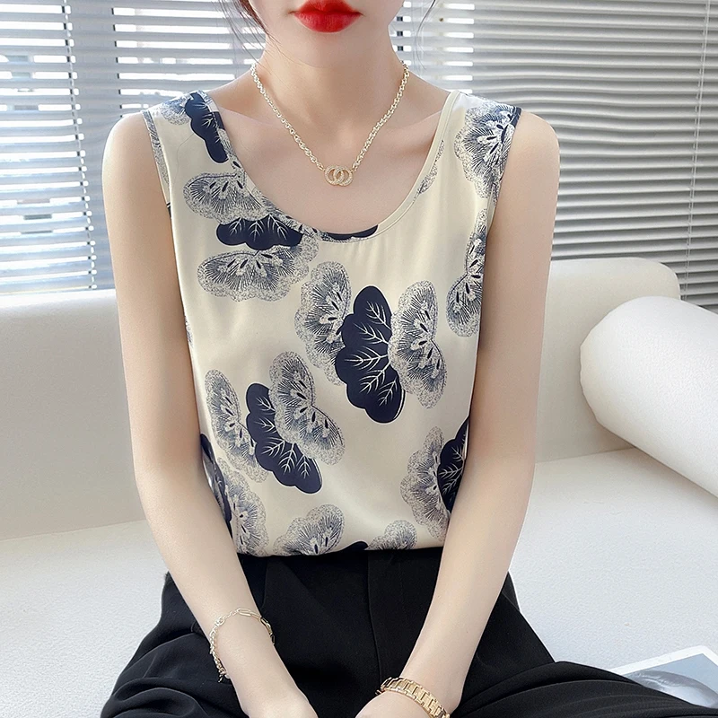

High-End Silk Camisole Women Suit Inside O-Neck Thin Vests Fashion Summer New Mulberry Silk Satin Wide Shoulder Sling Female Top