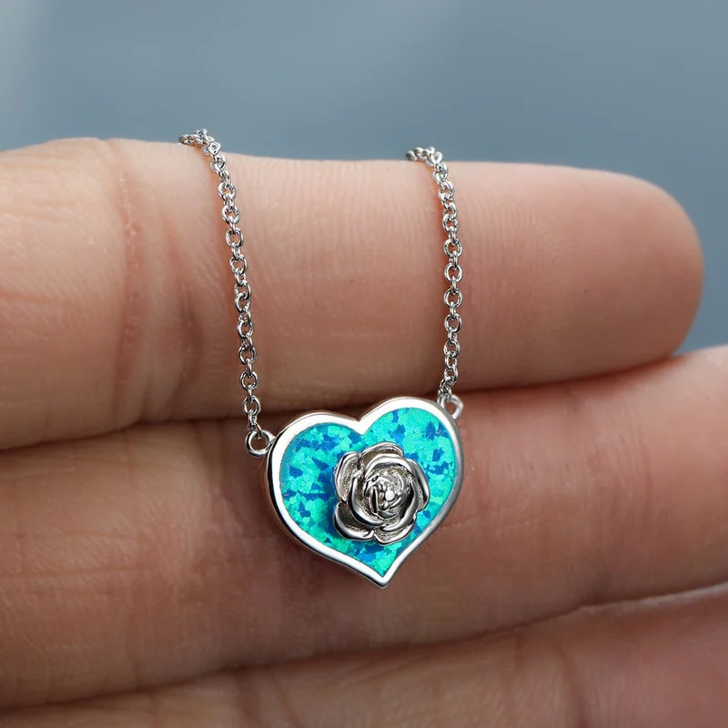 

Dainty Female White Imitation Opal Pendant Necklace Charm rose gold color Chain Necklaces For Women Cute Flower Heart Necklace