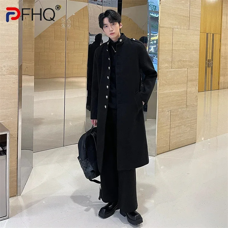 Мужское шерстяное пальто PFHQ на осень и зиму Длинная ветровка толстая 2024 темная