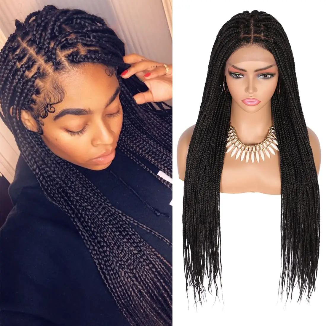 Natural 36 inch Glueless Braid Africa Braided Full Lace Front Wigs For Black Women 32 Inches Box Braided Wigs With Baby Hair